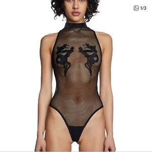Dolls Kill Black Dragon Appliqué Fishnet Bodysuit